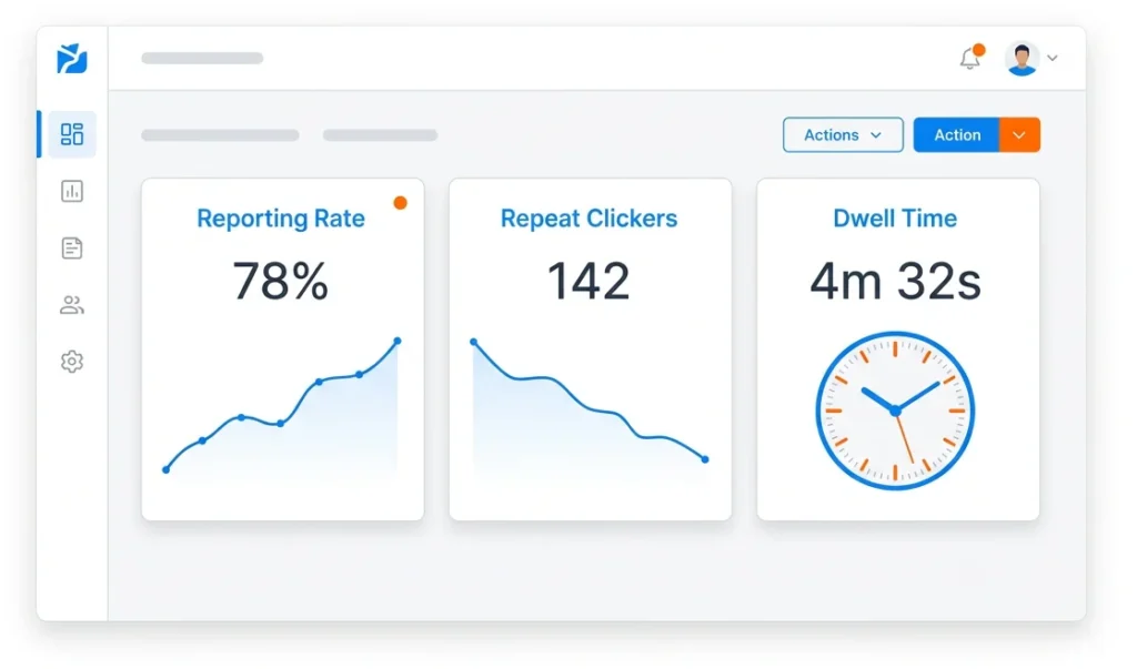 Security awareness training dashboard tracking reporting rates and phishing results