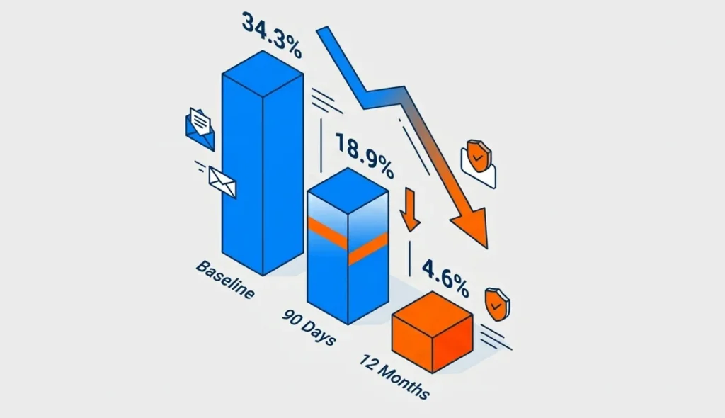 Graph showing employee susceptibility to phishing falling 86 percent after 12 months of security awareness training