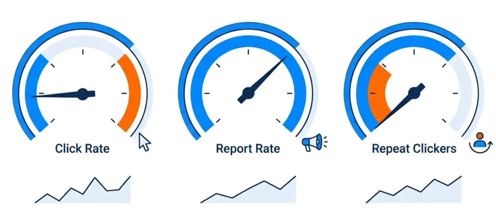 Dashboard showing phishing simulation program metrics including click rate and report rate for small teams